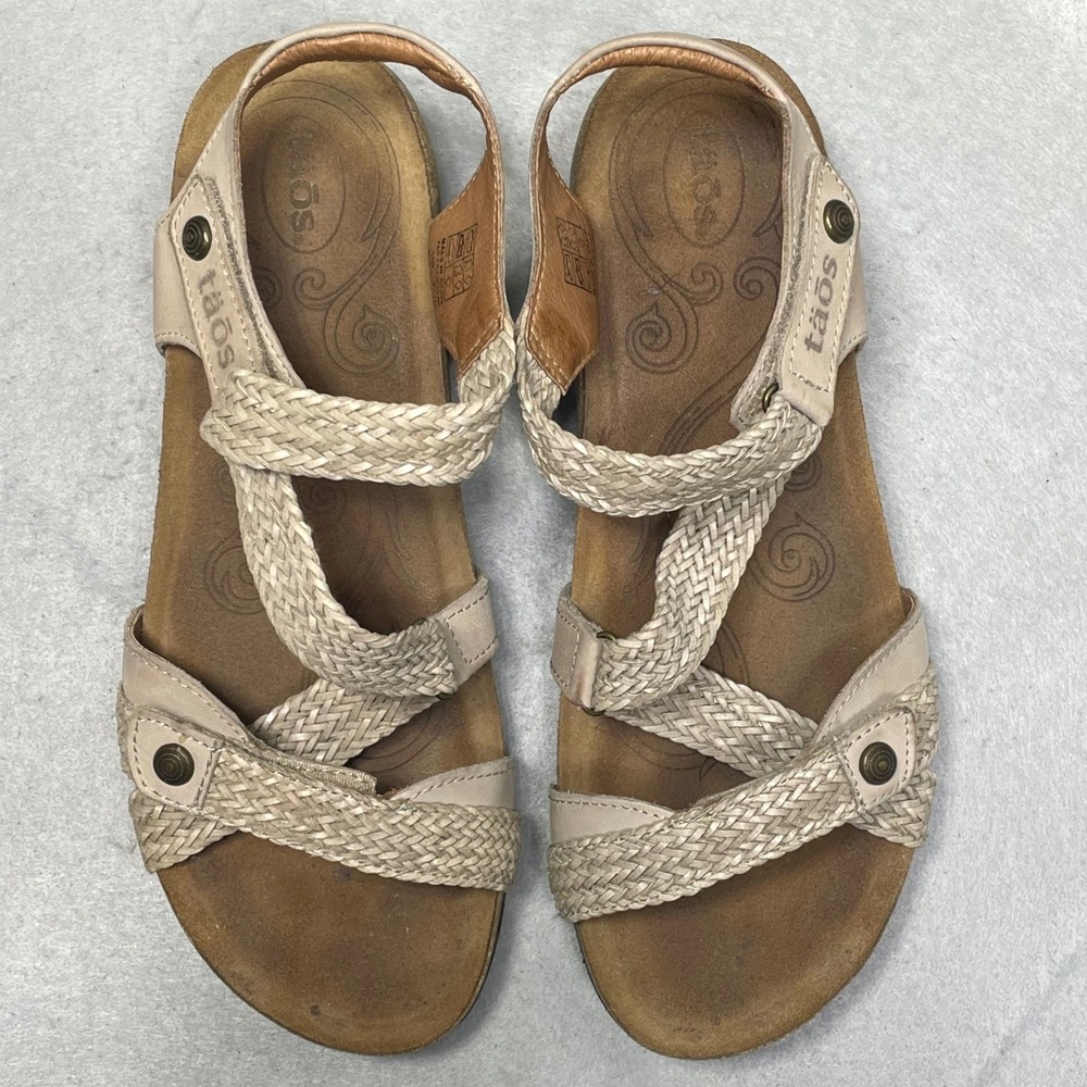 Taos Braided Leather Strappy Sandals Womens 8-8.5 Beige Comfort Cork Spain - Picture 8 of 11